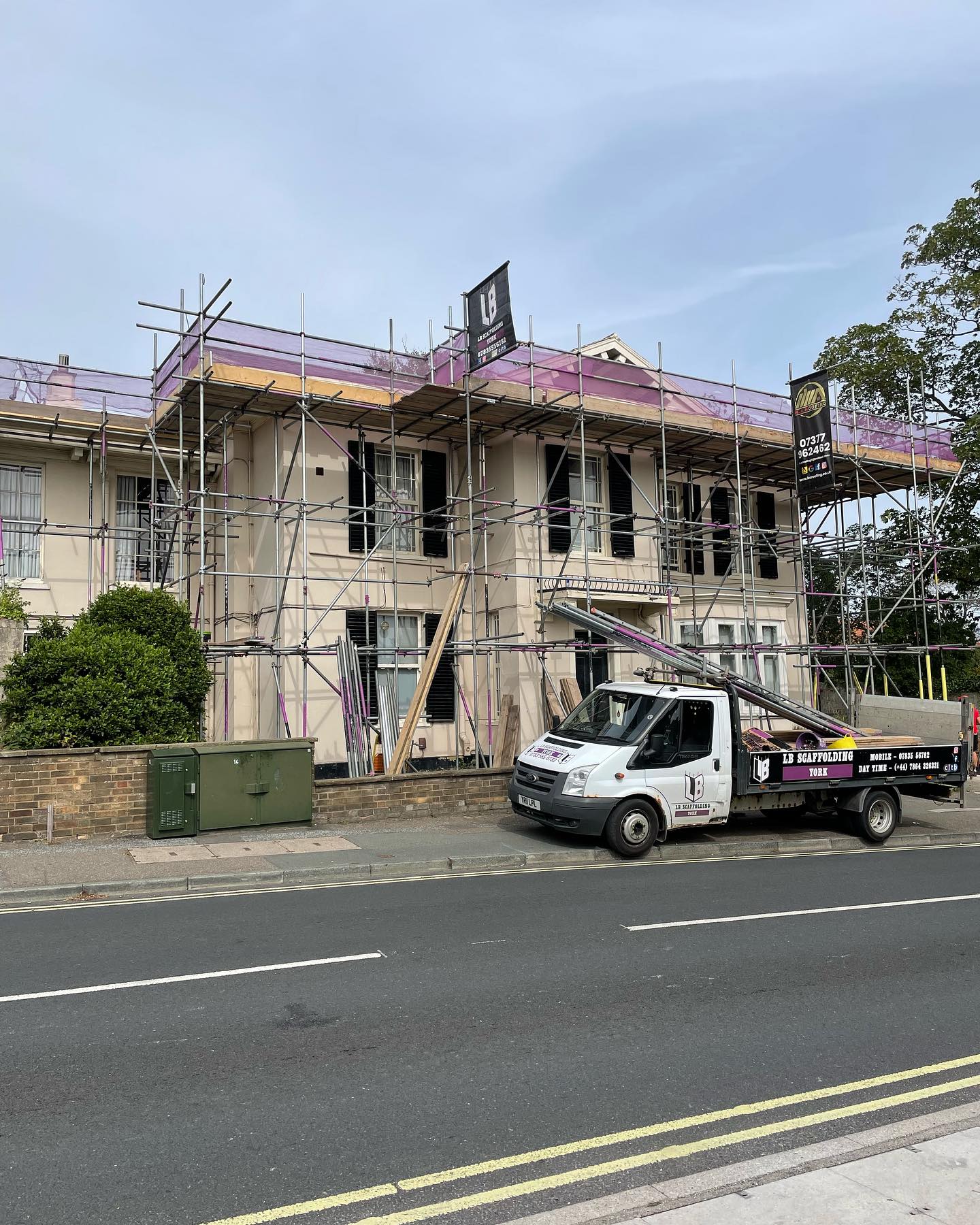 Period townhouse in York with full LB Scaffolding Ltd setup and branded van